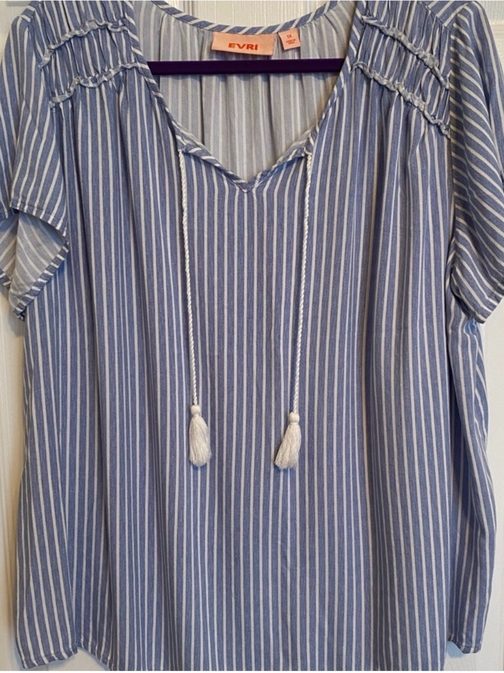 EVRI Blue & White Striped V-Neck Tassel Top